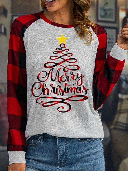 

Women Merry Christmas Cotton-Blend Simple Plaid Top, White, Long sleeves