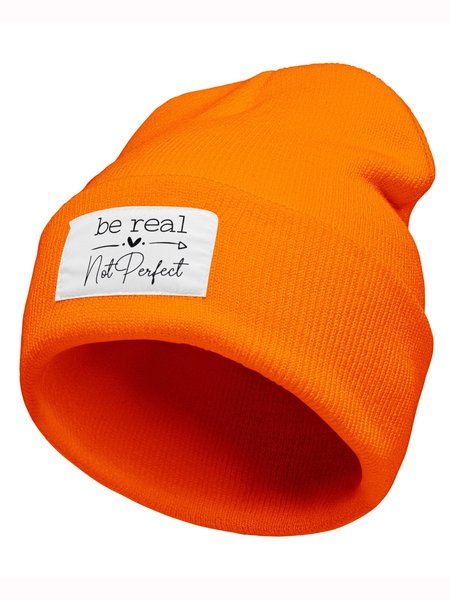 

Be Real Not Perfect Text Letter Beanie Hat, Orange, Hats