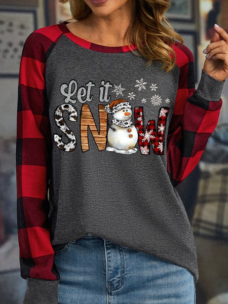 

Women's Women'S Let It Snow Christmas Snowman Buffalo Plaid Graphic Print Merry Christmas Loose Crew Neck Top, Gray, Long sleeves