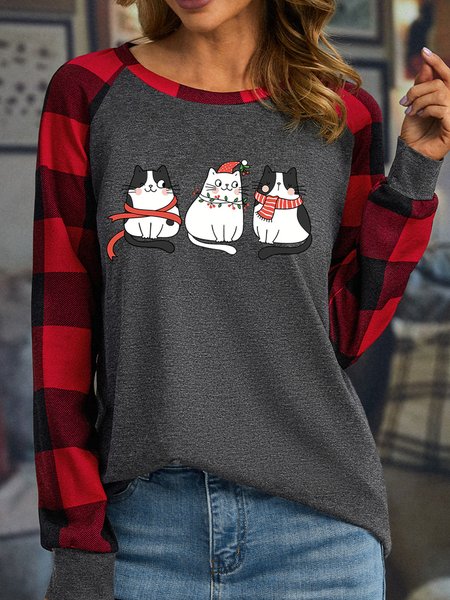 

Christmas Cats Women's Long Sleeve Buffalo Plaid T-Shirt, Gray, Long sleeves