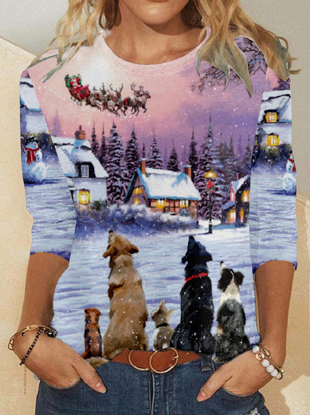 

Womens Christmas Dog And Santa Print Casual Top, As picture, Long sleeves