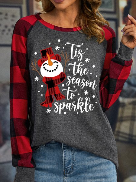 

Women's Tis The Season To Sparkle Christmas Snowman Buffalo Plaid Graphic Print Merry Christmas Loose Crew Neck Top, Gray, Long sleeves
