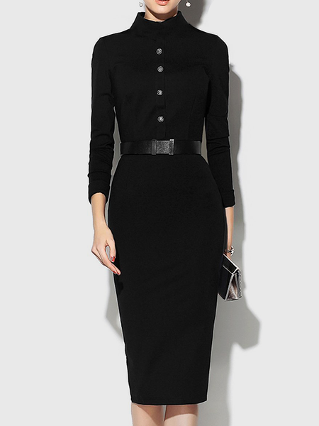 

Regular Fit Stand Collar Three Quarter Elegant Dress, Black, Midi Dresses