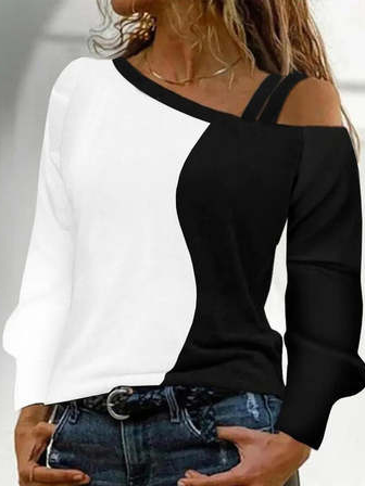 

asymmetrical Neck Loose Color Block Casual Tops, Black-white, Tops