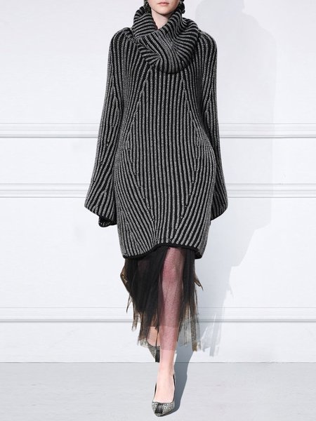 

Long sleeve Loose Elegant Turtleneck Midi Dress, Black, Midi Dresses