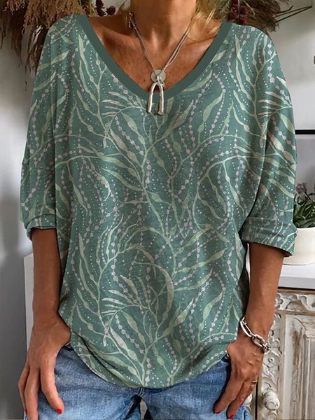Geometric Casual Loose T-Shirt, Green, T-Shirts