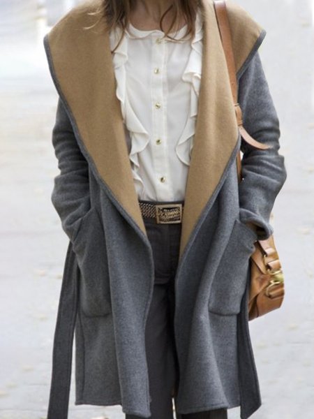 

Shawl Collar Plain Loose Overcoat With Belt, Deep gray, Trench Coats