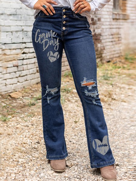 

Blue Game Day Rugby Print Distressed High Waist Flare Jeans, Denim blue, Pants
