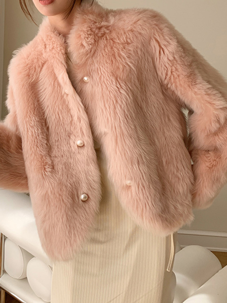 

Loose Stand Collar Long sleeve Plain Teddy Jacket, Pink, Coats