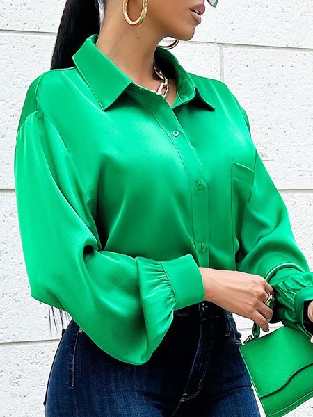 

Urban Long Sleeve Shirt Collar Plain Blouse, Green, Blouses and Shirts