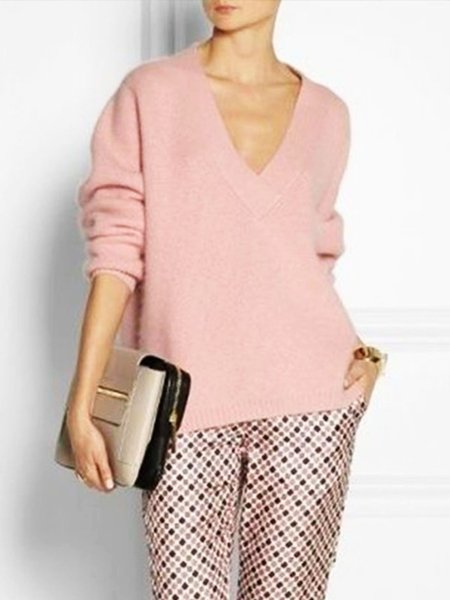 

V Neck Loose Simple Long Sleeve Sweater, Pink, Pullovers