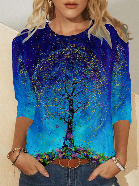 

Womens Art Print Casual Crew Neck Top, As picture, Long sleeves