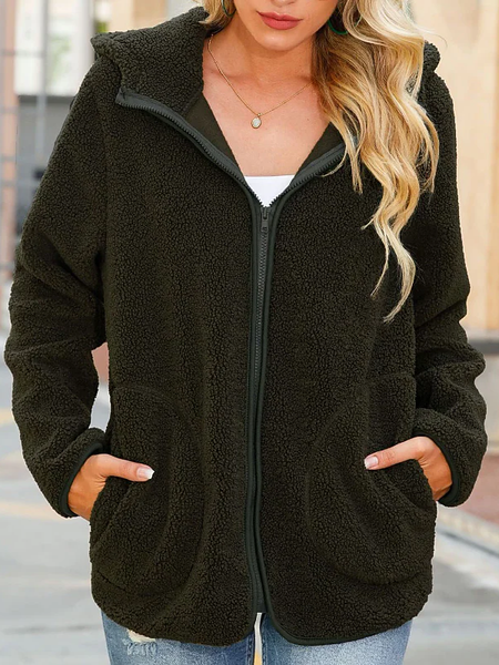 

Casual Cotton-Blend Plain Teddy Jacket, Army green, Coats