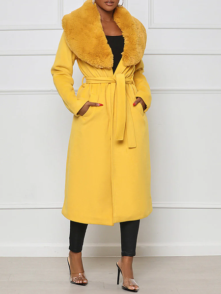 

Loose V Neck Long sleeve Plain Loose Mid-long Overcoat, Yellow, Coats