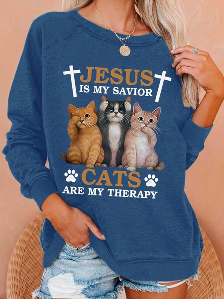 

Women's Funny Jesus Is My Savior Cats Are My Therapy Cat Graphic Graphic Text Letters Sweatshirt, Dark blue, Hoodies&Sweatshirts