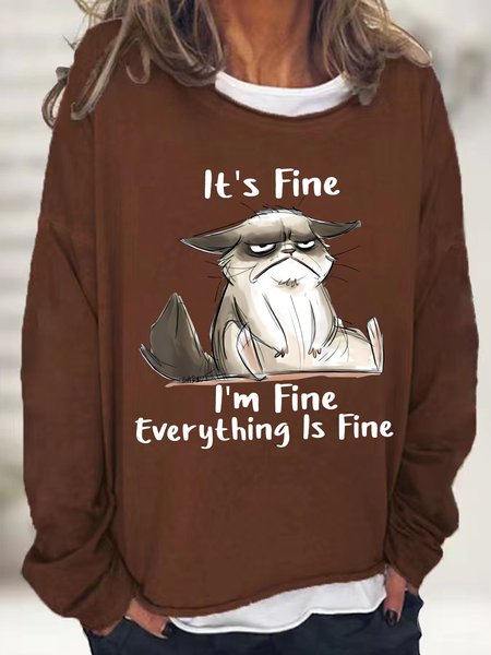 

Women's It Is Fine I Am Fine Grumpy Cat Text Letters Graphic Print Casual Sweatshirt, Brown, Hoodies&Sweatshirts