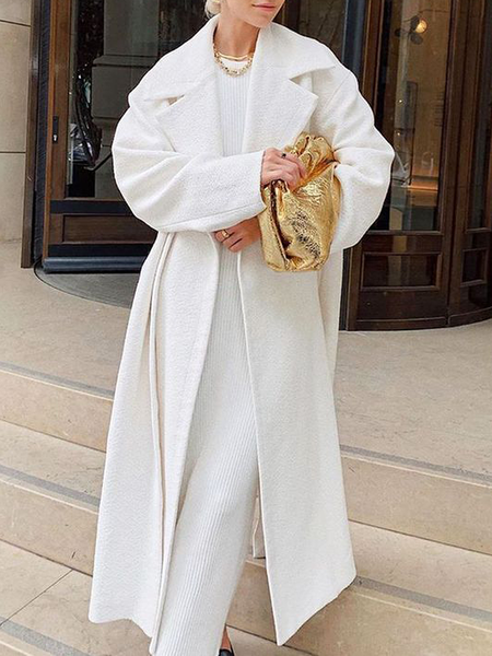 

Urban Loose Lapel Collar Long sleeve Plain Long Overcoat, White, Coats
