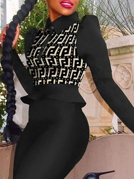 

Daily Long sleeve Shirt Collar Text Letters Top, Black, Blouses and Shirts