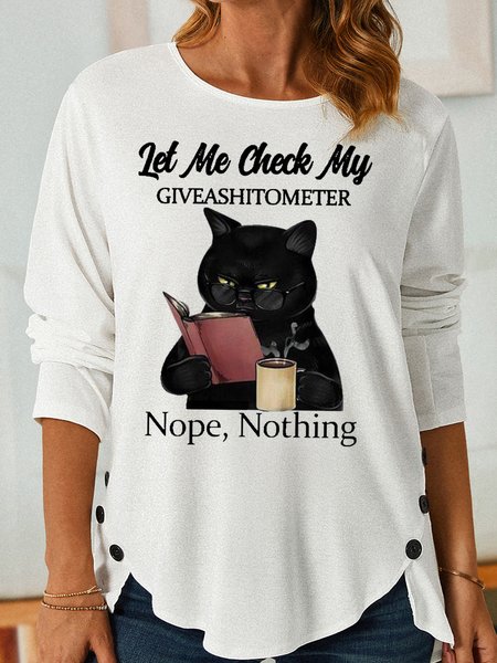 

Womens Funny Black Cat With Coffee Let Me Check My Giveashitometer Nope Nothing Letter Casual Top, White, Long sleeves