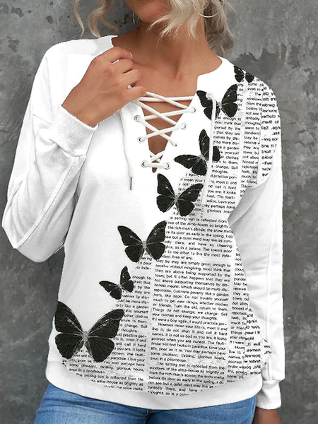 

V Neck Butterfly Casual Sweatshirts, White, Sweatshirts & Hoodies