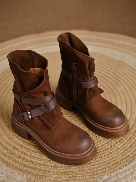 

Comfortable Moccasin Upper Vintage Buckle Chunky Heel Riding Boots, Brown, Boots