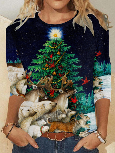 

Womens Christmas Print Casual Crew Neck Top, As picture, Long sleeves