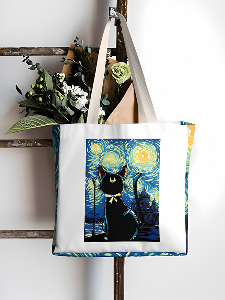 

Black Cat Starry Animal Graphic Shopping Tote, As picture, Bags