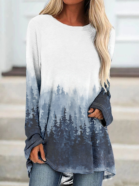 Women Leaf Tree Print Casual Long sleeve Top, Blue, Long sleeves