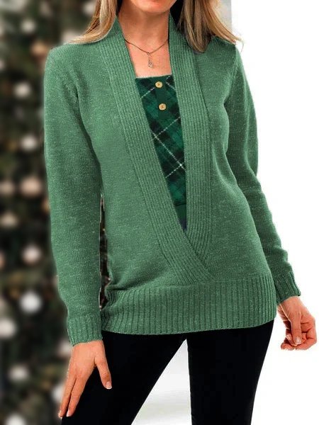 

Christmas Plaid V Neck Loose Sweater, Green, Sweaters