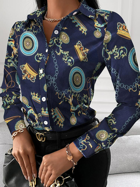 

Urban Geometric Loose Shirt Collar Blouse, Dark blue, Blouses & Shirts