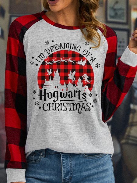 

Women's I Am Dreaming Of A Hogwarts Christmas Funny Buffalo Plaid Graphic Print Merry Christmas Loose Crew Neck Top, White, Long sleeves
