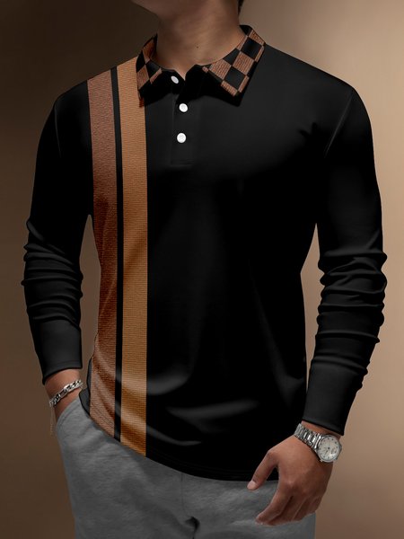 

Color-block Buttons Long Sleeve Bowling Polo, Black, Men's t-shirts
