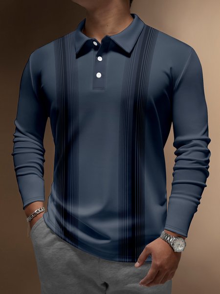 

Striped Textured Buttons Long Sleeve Bowling Polo, Deep blue, Men's t-shirts