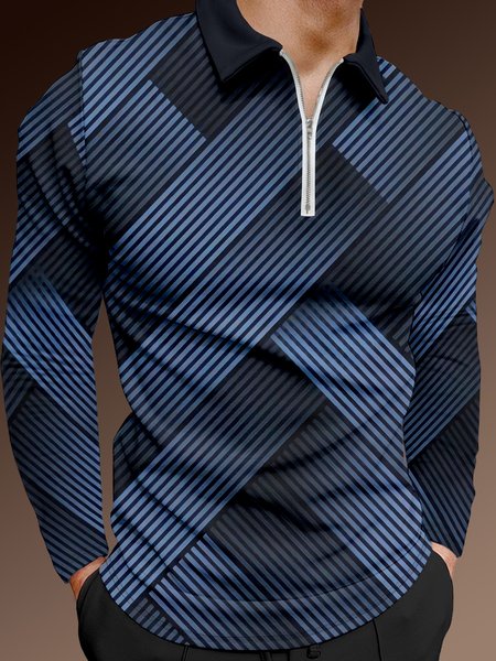 

Colorblock Interwoven Zip Long Sleeve Polo, Blue, Men's t-shirts