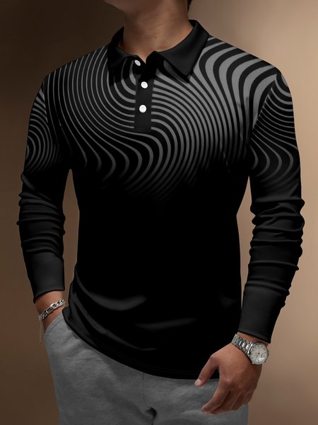 

Abstract Striped Buttons Long Sleeve Polo, Black, Men's t-shirts