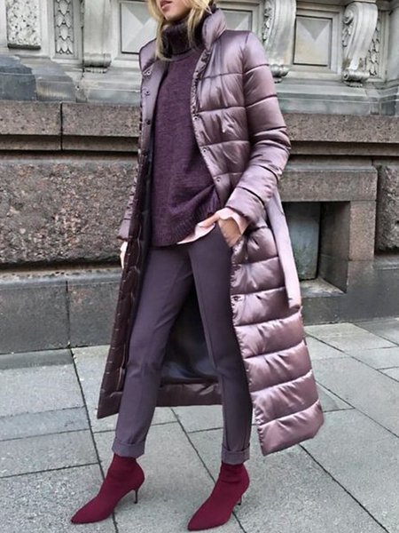 

Urban Simple Stand Collar Plain Fleece Coat, Light purple, Others