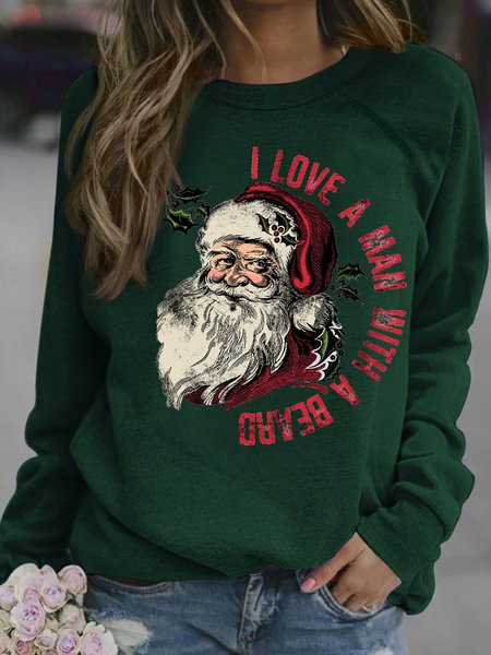

Women's I Love A Man With A Beard Funny Santa Graphic Print Casual Crew Neck Christmas Sweatshirt, Green, Hoodies&Sweatshirts