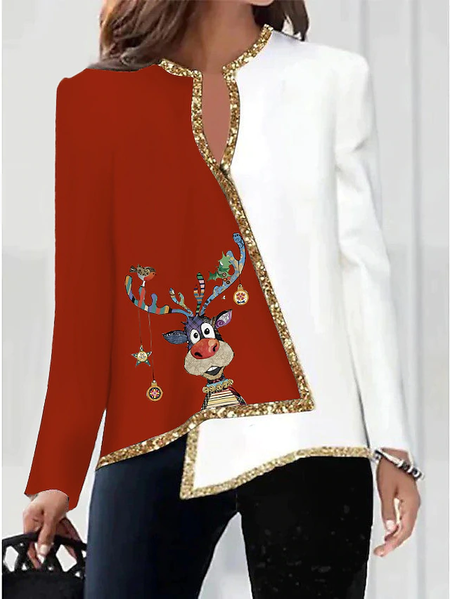 

Casual Loose Christmas Milu Deer Cross Tops, White-red, Tops