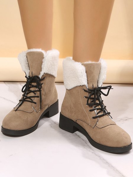 

Warm Fleece Lace-Up Chunky Heel Booties, Camel, Boots