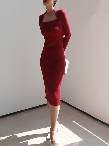 

Square Neck Tight Long sleeve Midi Dress, Red, Midi Dresses