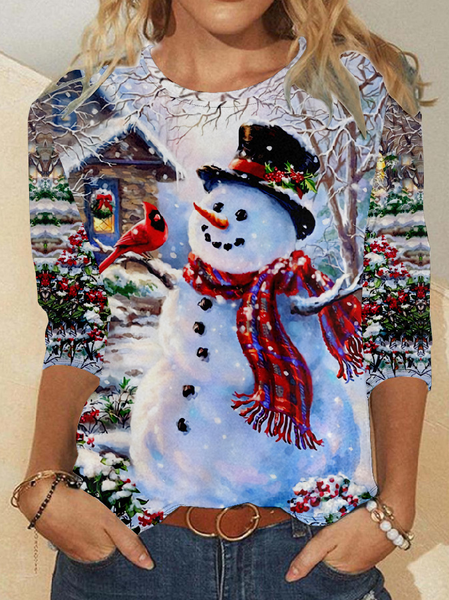 

Womens Snowman Bird Crew Neck Casual Christmas Top, As picture, Long sleeves