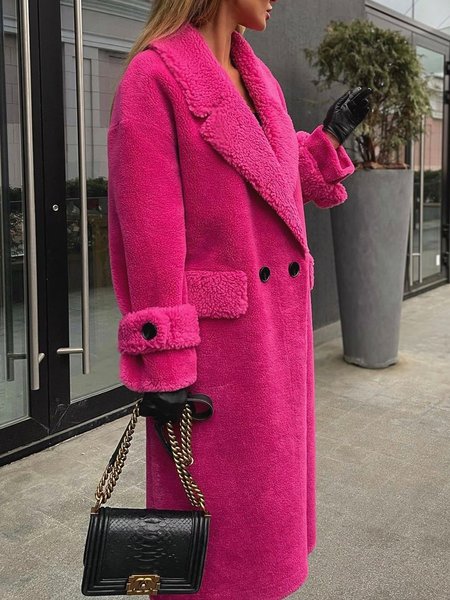 

Plain Elegant Shawl Collar Teddy Jacket, Deep pink, Coats