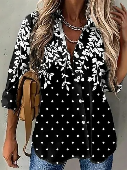 

Floral Casual Shirt Collar Polka Dots Blouse, Black, Shirts & Blouses