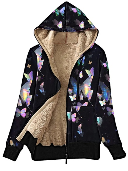 

Butterfly Hoodie Loose Casual Teddy Jacket, Black, Outerwear
