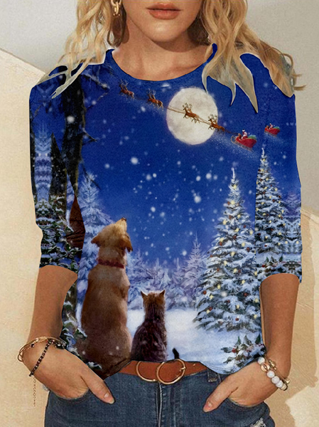 

Womens Christmas Print Dog Cat Santa Crew Neck Top, As picture, Long sleeves