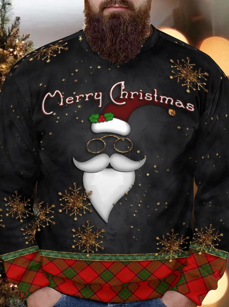 

Men's Merry Christmas Santa Claus Snowflake Buffalo Plaid Full Print Casual Crew Neck Sweatshirt, As picture, Hoodies&Sweatshirts