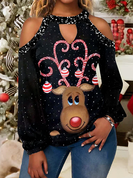 

Casual Regular Fit Crew Neck Glitter Top, Black, Tops