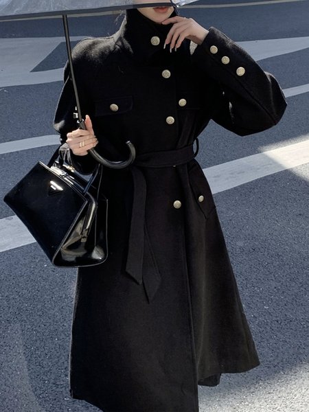 

Black Daily Long sleeve Urban Stand Collar Overcoat, Coats