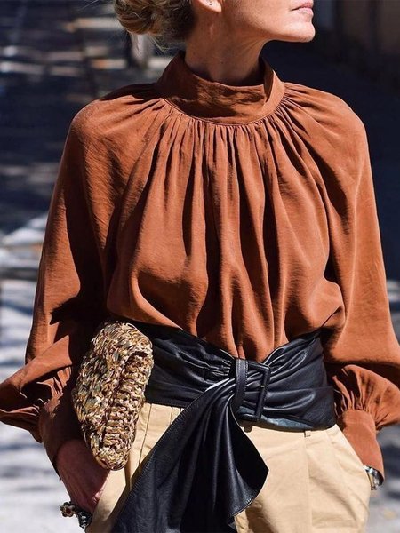 

Loose Plain Urban Lantern Sleeve Plain Blouse, Brick red, Blouses and Shirts