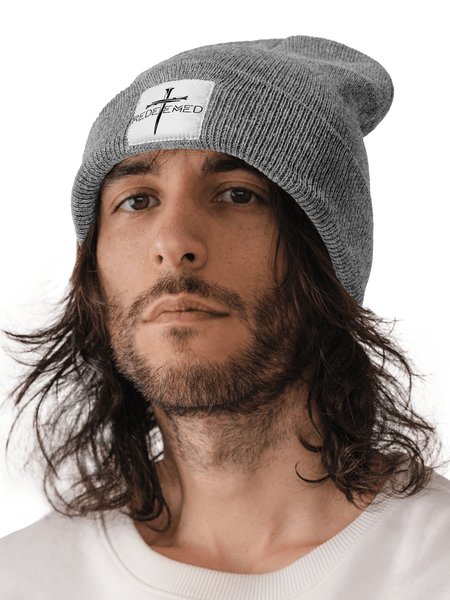

Redeemed Religion Text Letters Beanie Hat, Gray, Hats
